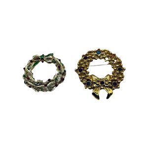 Vintage Gold Tone Metal Christmas Tree Wreath Brooch Lot Of 2 Pins